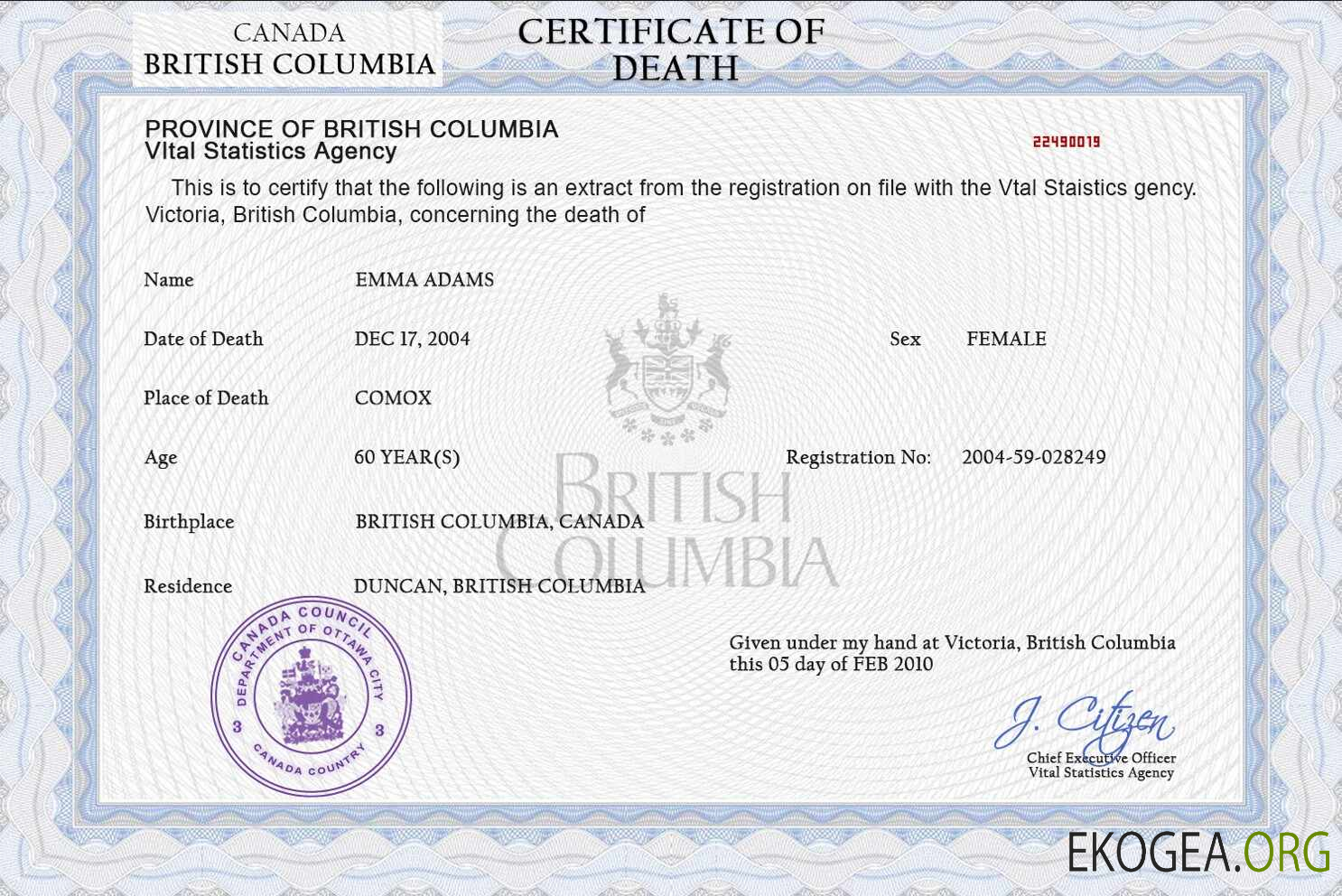 Modèle PSD de certificat de décès de l'état civil du Canada